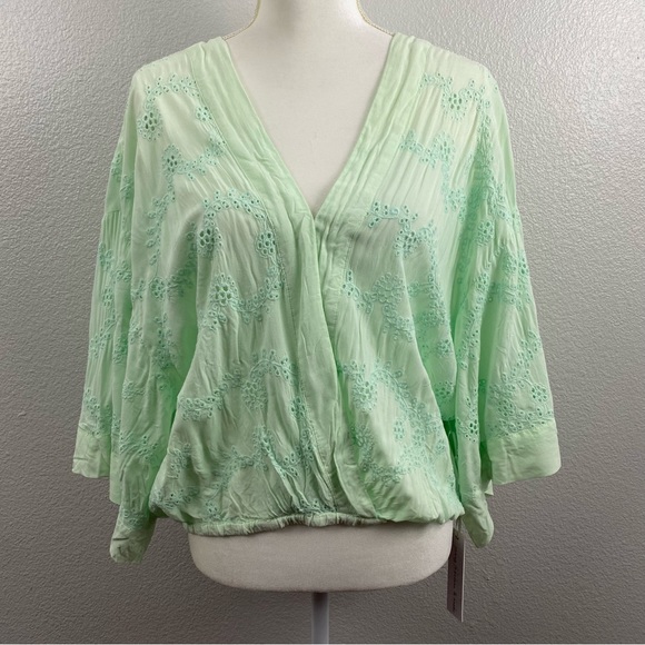 Young Fabulous & Broke Balloon Sleeve Mint Green Eyelet Wrap Top - Picture 2 of 9